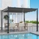 Outdoor pergola with retractable gray canopy and sturdy metal columns, perfect for patio dining and weather.