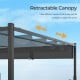Retractable canopy of a 10 x 10 feet outdoor pergola, gray metal columns, adjustable for shade and sunlight.