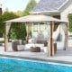 Outdoor patio gazebo with beige canopy, mesh netting, and sturdy wood grain metal columns for stylish outdoor.