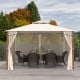 Outdoor patio gazebo with beige 2-tier canopy and netting, featuring sturdy columns and a spacious dining setup.