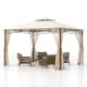 Outdoor patio gazebo with beige canopy, sturdy wood grain metal columns, and mesh netting for airflow and insect.