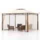 Outdoor patio gazebo with beige canopy, netting, and sturdy wood grain metal columns for enhanced stability and airflow.