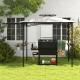 Grill gazebo with side awning and double-tiered top, featuring metal shelves and hooks for outdoor cooking essentials.