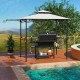 Grill gazebo with side awning and double-tiered top, featuring metal support and shelves for outdoor cooking.