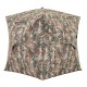 360° one-way see-through hunting blind with camouflage pattern, featuring multiple windows and portable carrying bag.