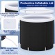 66 Gal outdoor ice plunge tub with protective inflatable lid, seat cushion, and drain valve for efficient cleaning.