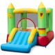 Inflatable bounce house featuring a wide slide and basketball hoop, ideal for children's outdoor play and entertainment.