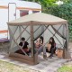 6-sided pop-up gazebo tent with mesh netting walls, coffee color, providing ample shaded space for outdoor gatherings.