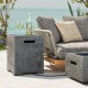 Gray propane tank cover table with cut-out handles, made of magnesium oxide, doubles as a side table for outdoor use.