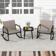 Two brown patio rocking chairs with armrests and a black tempered glass coffee table, perfect for outdoor relaxation.