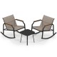 3-piece patio rocking bistro set with breathable fabric seats and tempered glass table, perfect for porch relaxation.