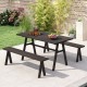Dark wood picnic table and benches set for 6, designed with a built-in umbrella hole for outdoor dining comfort.