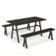 Outdoor picnic table and benches set for 6 people, featuring a wood-like surface and sturdy triangular structure.