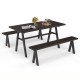 3-piece outdoor picnic table and benches set in dark wood finish, seating up to 6 people, perfect for patio gatherings.