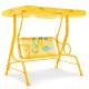 Yellow 2-seater kids patio swing with adjustable canopy, safety belts, and cartoon patterns for outdoor fun.