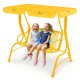 Yellow 2-seater kids patio swing with adjustable canopy, featuring cartoon patterns and safety belts for secure fun.