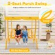 2-seater kids patio swing in yellow with adjustable canopy, ergonomic armrests, and safety belts for outdoor fun.
