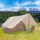 Beige 4-6 people inflatable camping tent with porch, spacious interior, and large windows for ventilation in a scenic.