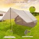 Inflatable camping tent with porch, beige color, featuring windproof webbing and ground stake fixation for stability.