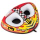 Towable tube with two cockpit seating areas, heavy-duty PVC, and drainage for smooth water sports enjoyment.