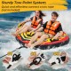 Towable tube featuring quick connector, heavy-duty PVC bladder, and padded handles for comfortable water sports fun.