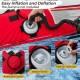Close-up of Boston valves with protective covers on a towable tube, featuring heavy-duty PVC for water sports.