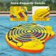 Inflatable towable tube for 1 or 2 persons with bright colors, padded handles, and boarding straps for easy climbing.