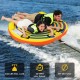 Two people enjoying a 59" diameter inflatable towable tube for boating, featuring thick foam handles and durable PVC.