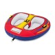 Top view of the inflatable towable tube for 1-2 persons, showcasing cockpit seating and vibrant red and blue design.