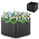 Large black square outdoor umbrella base planter with flowers, made from durable HDPE, accommodates 6-10 ft umbrellas.