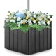 Large square black umbrella base planter with flowers, made from durable HDPE, ideal for 6-10 ft patio umbrellas.