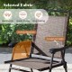 Close-up of a patio chair with breathable fabric, inclined backrest, and curved armrests for summer comfort.