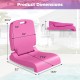 Foldable pink outdoor pool chair with handle, back support, and drainage holes; dimensions shown for easy reference.