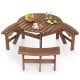 Round picnic table set with three built-in benches, crafted from natural fir wood, ideal for outdoor dining and.