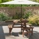 Round picnic table set with three built-in benches in brown fir wood, ideal for outdoor dining and gatherings.