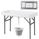 Folding 4 feet plastic party table with white top, powder-coated legs, and included ice bucket for indoor/outdoor use.