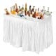 Folding 4 feet plastic party table with matching white skirt, filled with ice and assorted beverages for events.