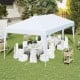 10 x 20 ft white pop-up canopy tent set up for a party, featuring a heavy-duty frame and sun-protective fabric.