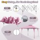 Pop-up gazebo setup steps showing the pink canopy, frame assembly, and height adjustment for outdoor events.