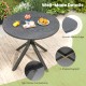 Round patio bistro table with wood-like top and X-shaped legs, perfect for 4-6 people in outdoor settings.