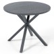 Round patio bistro table with a wood-like gray top and X-shaped legs, suitable for 4-6 people, ideal for outdoor use.