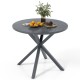 Round patio bistro table with a wood-like top and gray X-shaped legs, suitable for 4-6 people, perfect for outdoor use.