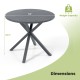 Round patio bistro table with a wood-like top, gray finish, and X-shaped legs, suitable for 4-6 people outdoors.
