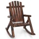 Adirondack rocking chair in brown solid wood, featuring a slatted design and ergonomic support for outdoor relaxation.