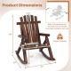 Product dimensions of the brown outdoor Adirondack rocking chair, showcasing ergonomic design and sturdy solid wood.