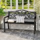 Black outdoor garden bench with floral design backrest, slatted seat, and cozy armrests, perfect for patio gatherings.