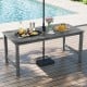 Gray HDPE outdoor dining table for 6 with a wood-like finish, featuring a sturdy design and umbrella hole for outdoor.