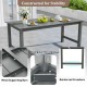 Gray HDPE outdoor dining table for 6 with wood-like tabletop, umbrella hole, and reinforced crossbars for stability.