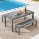 Gray HDPE outdoor dining table for 6 with wood-like tabletop and umbrella hole, perfect for poolside gatherings.