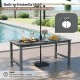 Gray HDPE outdoor dining table for 6 with wood-like tabletop and umbrella hole, ideal for patio gatherings.